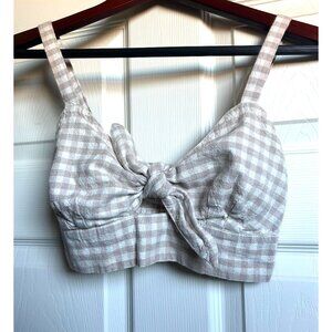 Topshop Tie Front Smock Crop Top Tan & White Check 4